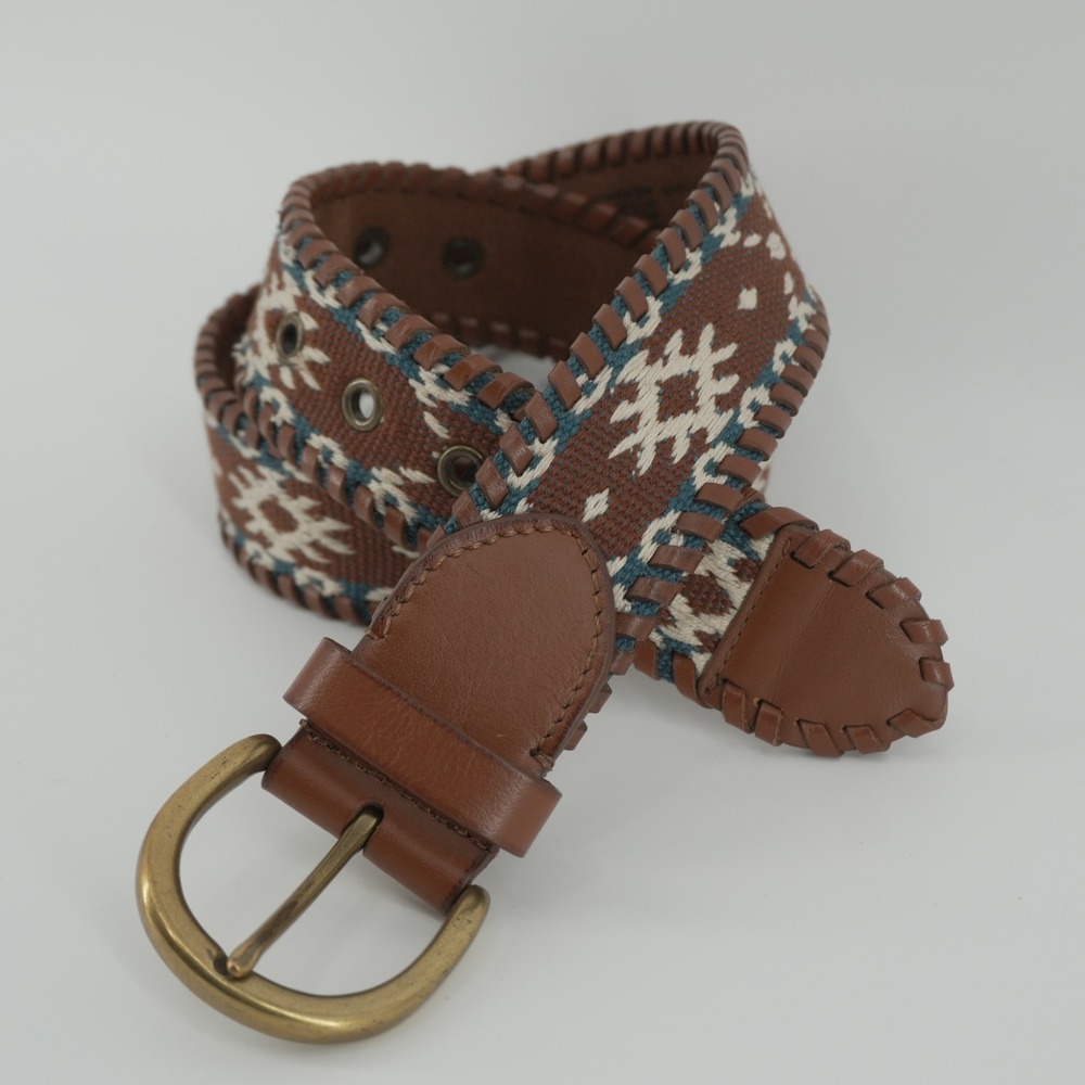 American Eagle Belt Womens Small Brown Woven Leather Geometric Boho Whipstitch